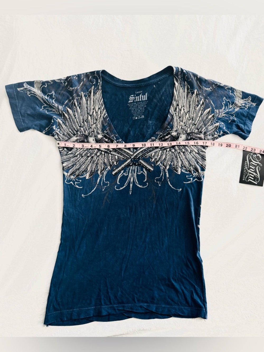 Sinful by Affliction V-Neck 
Blue & White Winged Guns with Rhinestones - Picture 5 of 9
